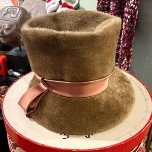 Brown Beaver fur  Hat with Pink Ribbon